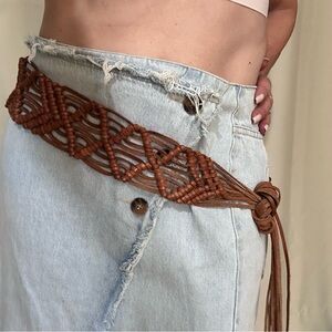 Brown Boho Braided Leather Fringe Belt- Macramé-Style Woven Pattern. One Size